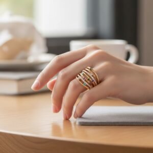 14K Yellow Gold Multi-Band Ring | CZ & Colorful Gemstone Layered Statement Ring