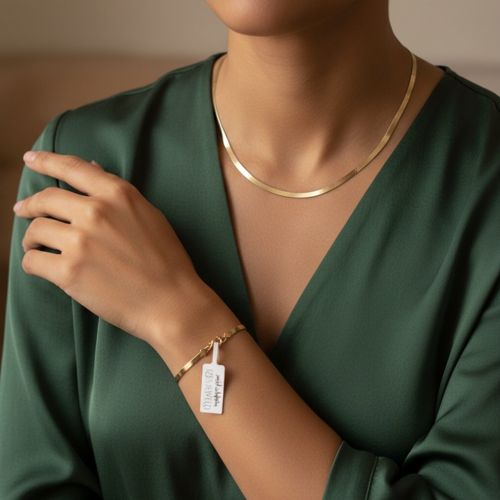 14K Solid Gold Herringbone Necklace Bracelet Set Womens Flat Snake Chain Luxury