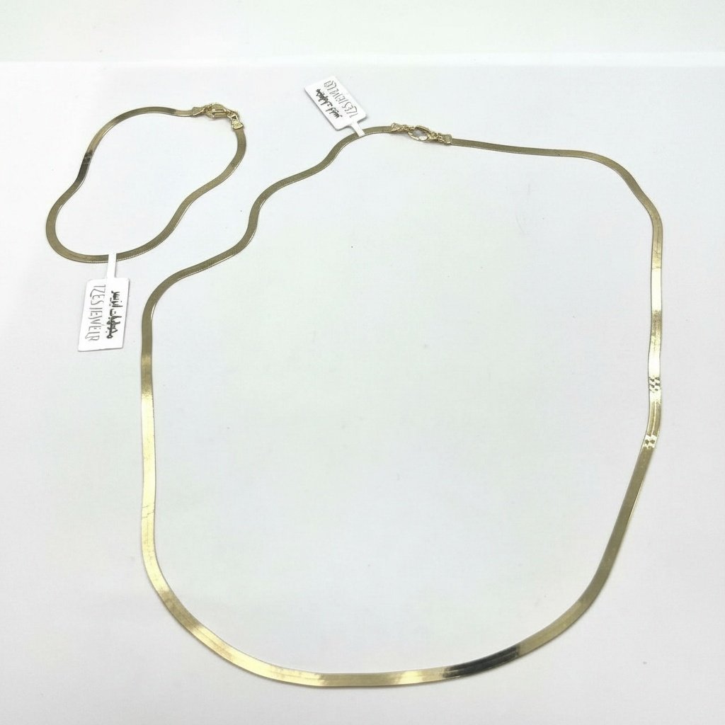 14K Solid Gold Herringbone Necklace Bracelet Set Womens Flat Snake Chain Luxury - Image 2