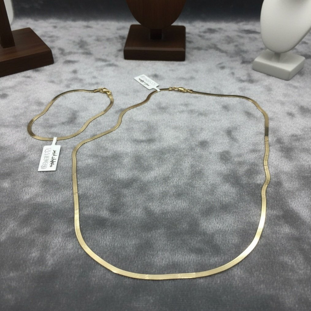 14K Solid Gold Herringbone Necklace Bracelet Set Womens Flat Snake Chain Luxury - Image 3