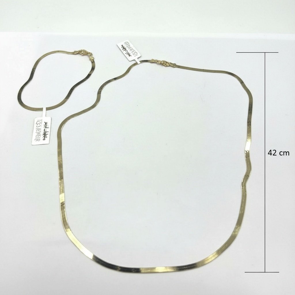 14K Solid Gold Herringbone Necklace Bracelet Set Womens Flat Snake Chain Luxury - Image 5