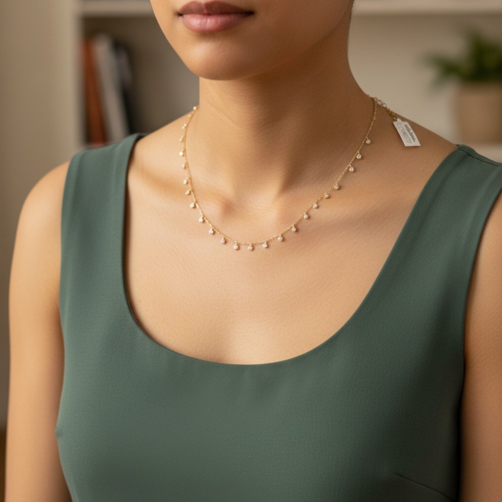 14K Yellow Gold Dainty Necklace Zircon Bezel Drop Adjustable Chain Gift