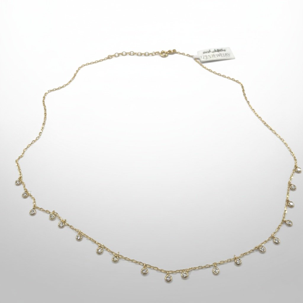 14K Yellow Gold Dainty Necklace Zircon Bezel Drop Adjustable Chain Gift - Image 3