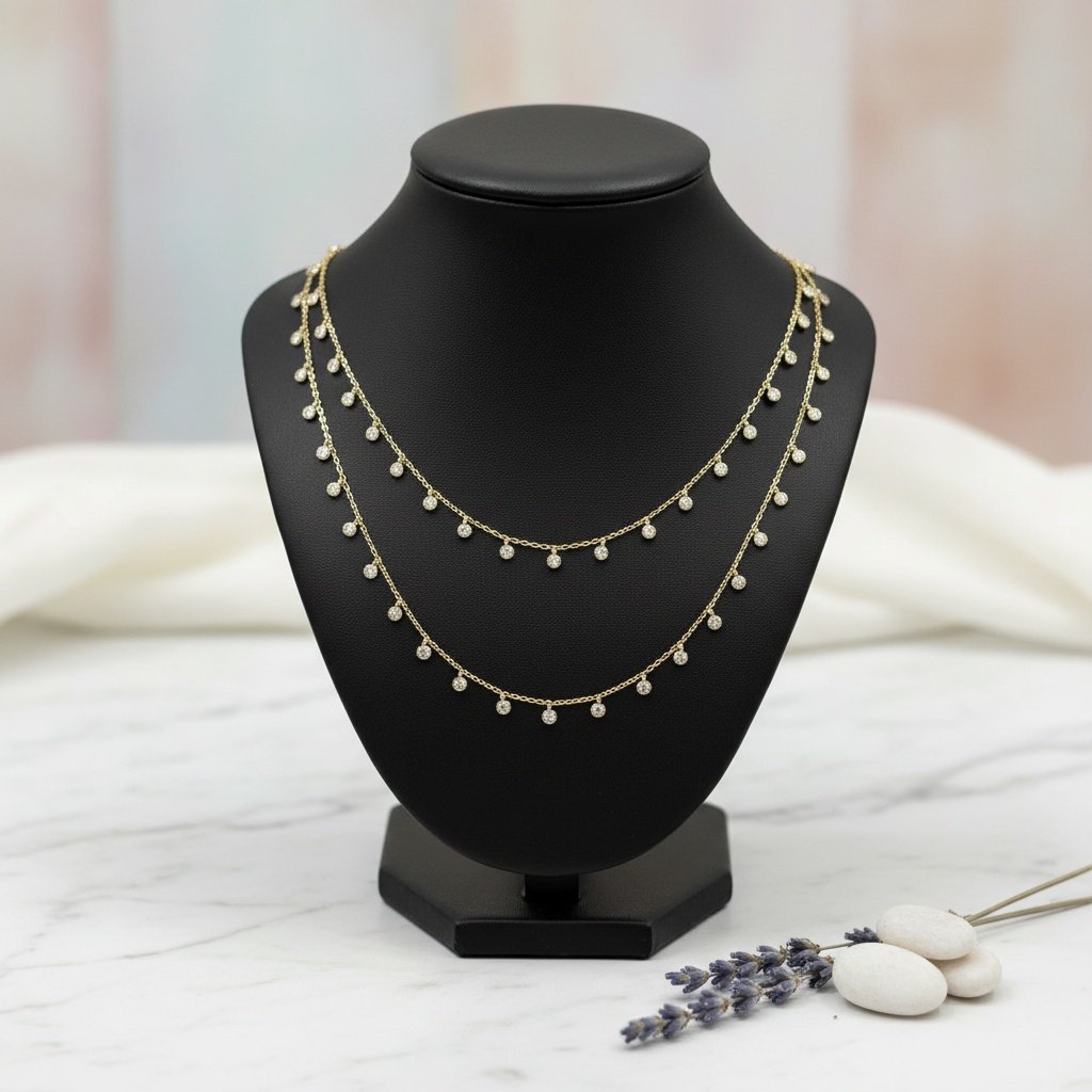 14K Yellow Gold Dainty Necklace Zircon Bezel Drop Adjustable Chain Gift - Image 5