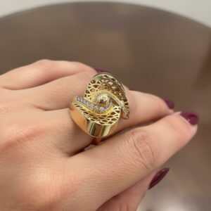 14K  New Yellow Gold Filigree Swirl Statement Ring  White Zircon Openwork Jewel