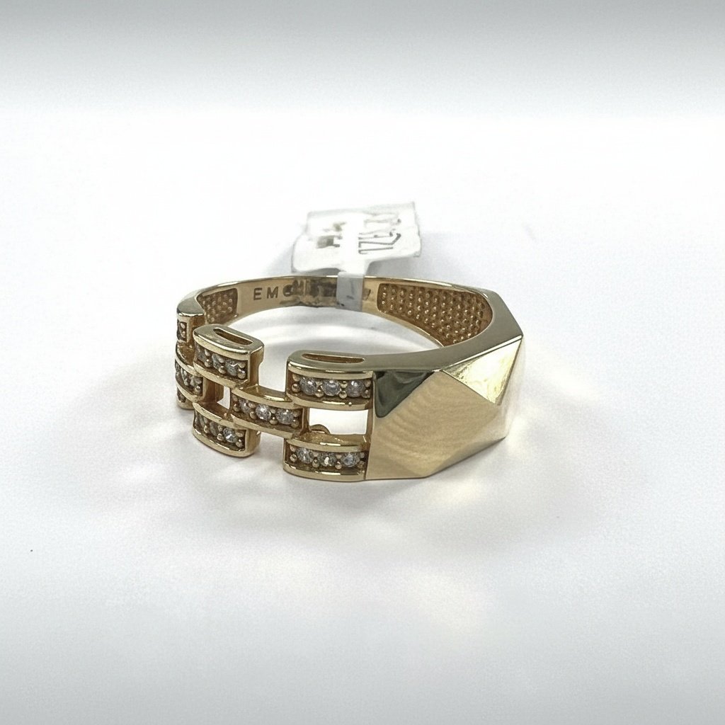 Solid 14K Yellow Gold Zircon Link Chain Geometric Statement Ring Band