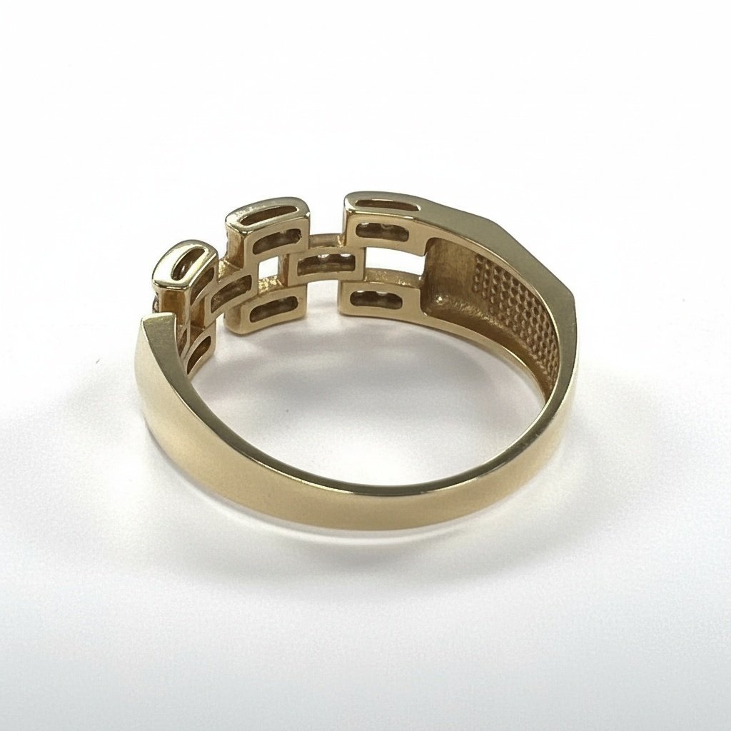 Solid 14K Yellow Gold Zircon Link Chain Geometric Statement Ring Band - Image 3