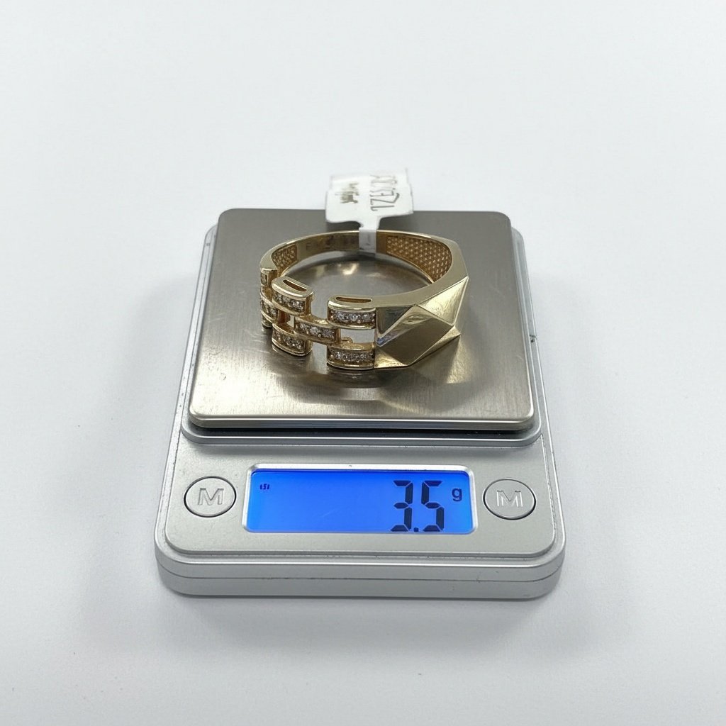 Solid 14K Yellow Gold Zircon Link Chain Geometric Statement Ring Band - Image 4