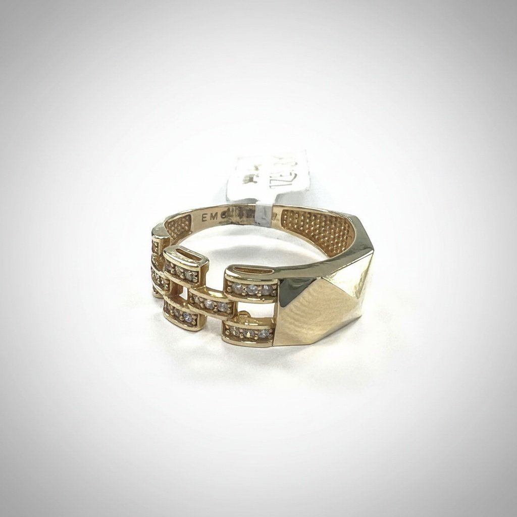 Solid 14K Yellow Gold Zircon Link Chain Geometric Statement Ring Band - Image 5