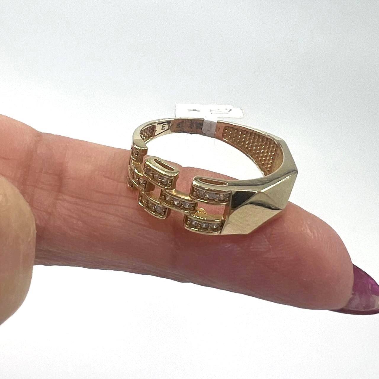 Solid 14K Yellow Gold Zircon Link Chain Geometric Statement Ring Band - Image 6