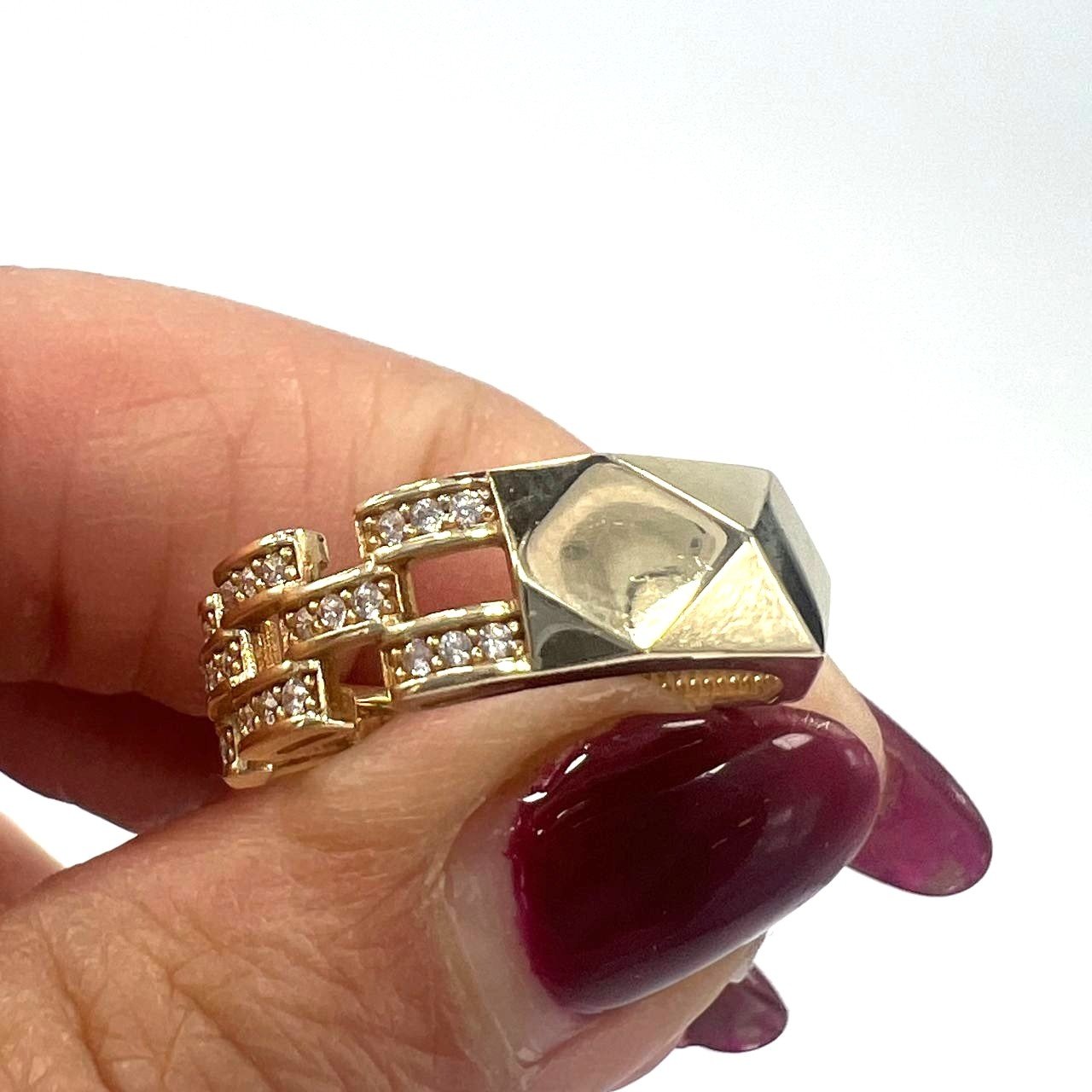 Solid 14K Yellow Gold Zircon Link Chain Geometric Statement Ring Band - Image 7