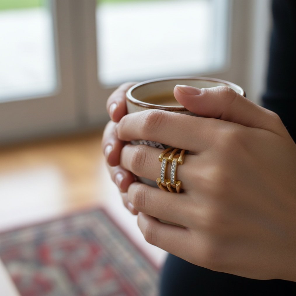 14K Yellow Gold CZ Double Bar Ring | 585 Stacking Band Modern Designer