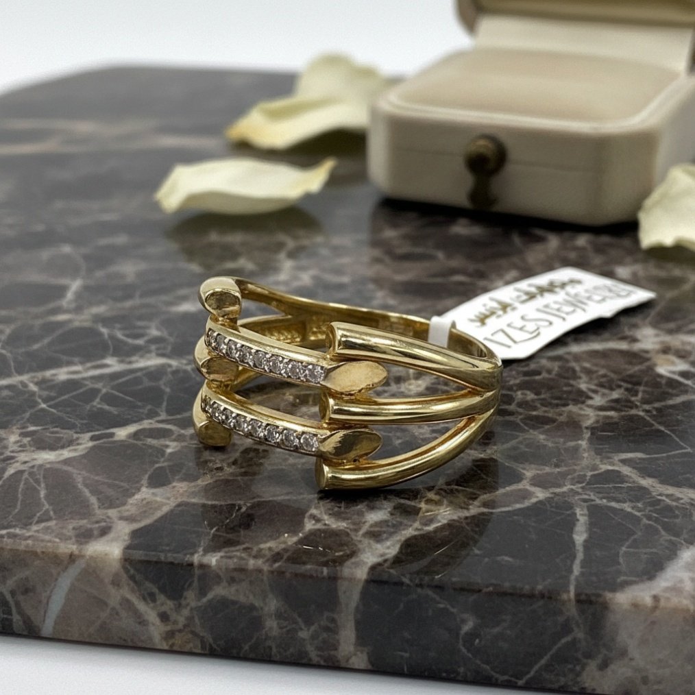 14K Yellow Gold CZ Double Bar Ring | 585 Stacking Band Modern Designer - Image 2