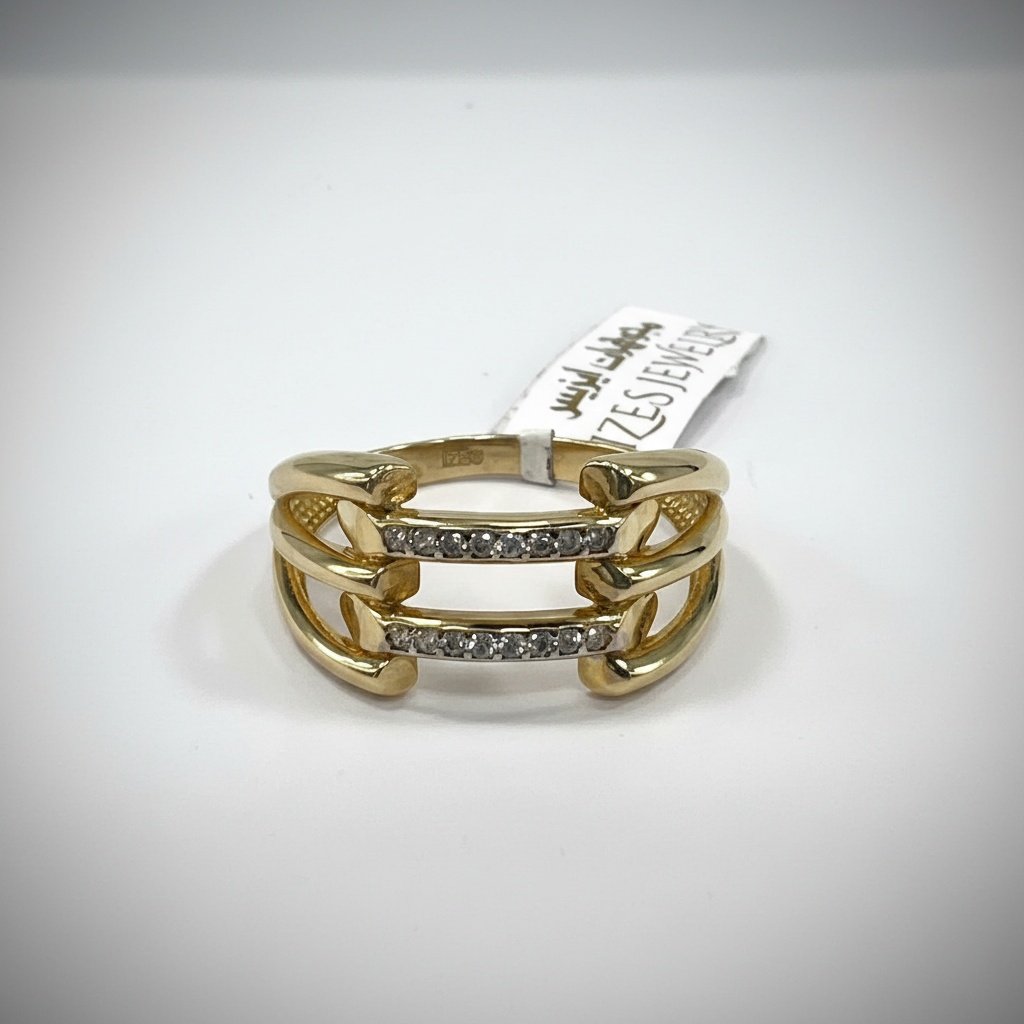 14K Yellow Gold CZ Double Bar Ring | 585 Stacking Band Modern Designer - Image 3