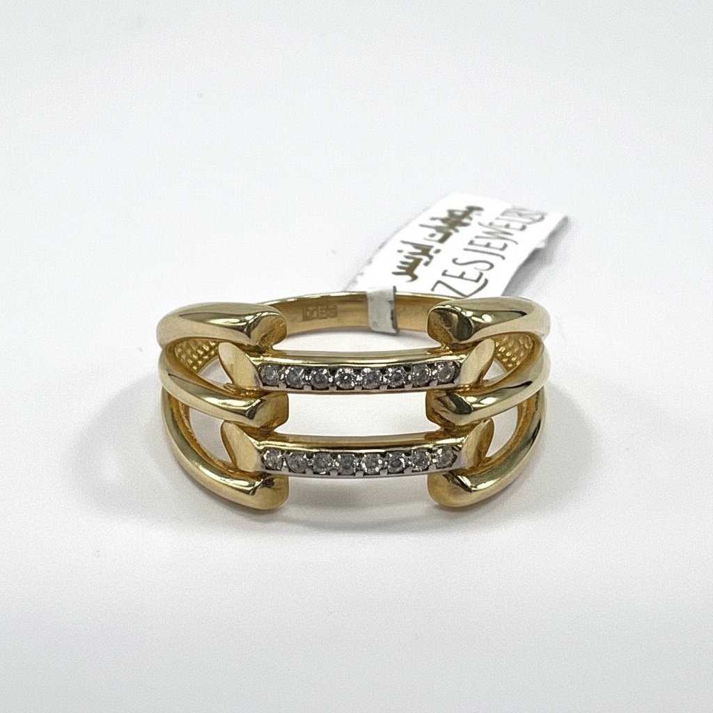 14K Yellow Gold CZ Double Bar Ring | 585 Stacking Band Modern Designer - Image 5