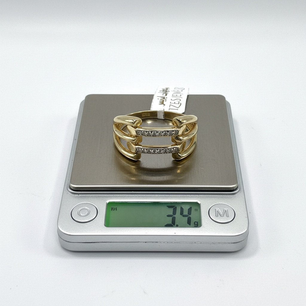 14K Yellow Gold CZ Double Bar Ring | 585 Stacking Band Modern Designer - Image 6