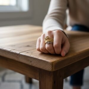 14K Yellow Gold Unique Elegant Textured Rope Ring CZ Oval Accents Women's Fine J