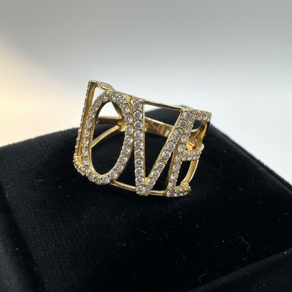 14K Yellow Gold LOVE Ring CZ Cubic Zirconia Women's Statement Fashion Gift Jewel