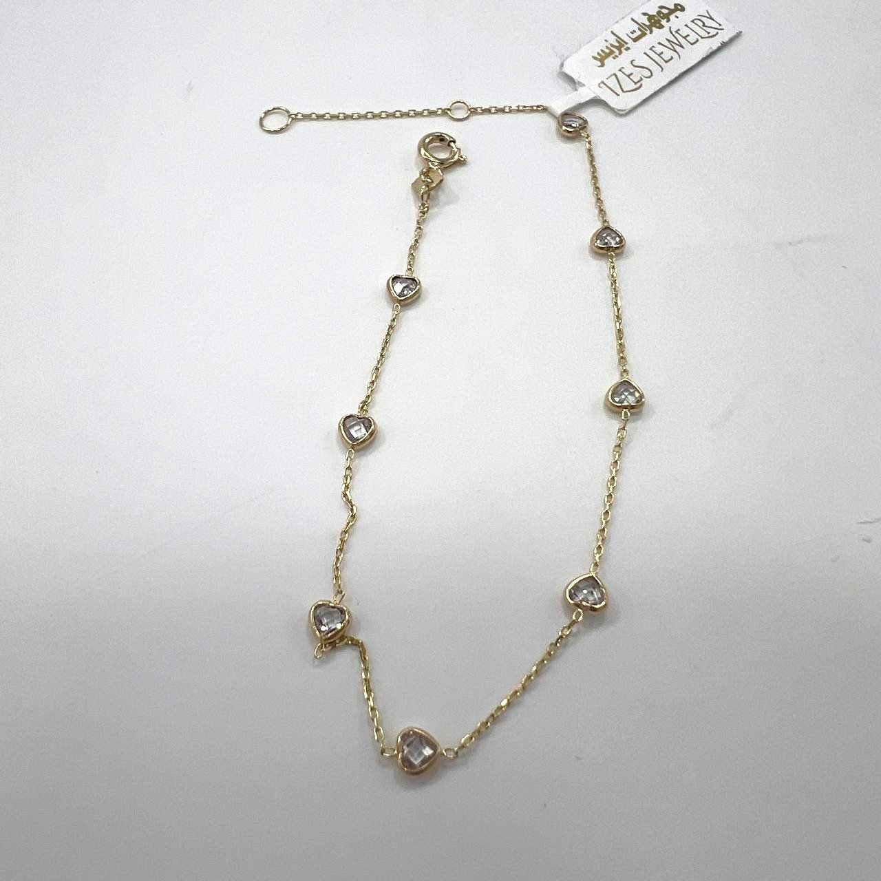 14K yellow gold bracelet with white heart-shaped stones, elegant design - Image 3