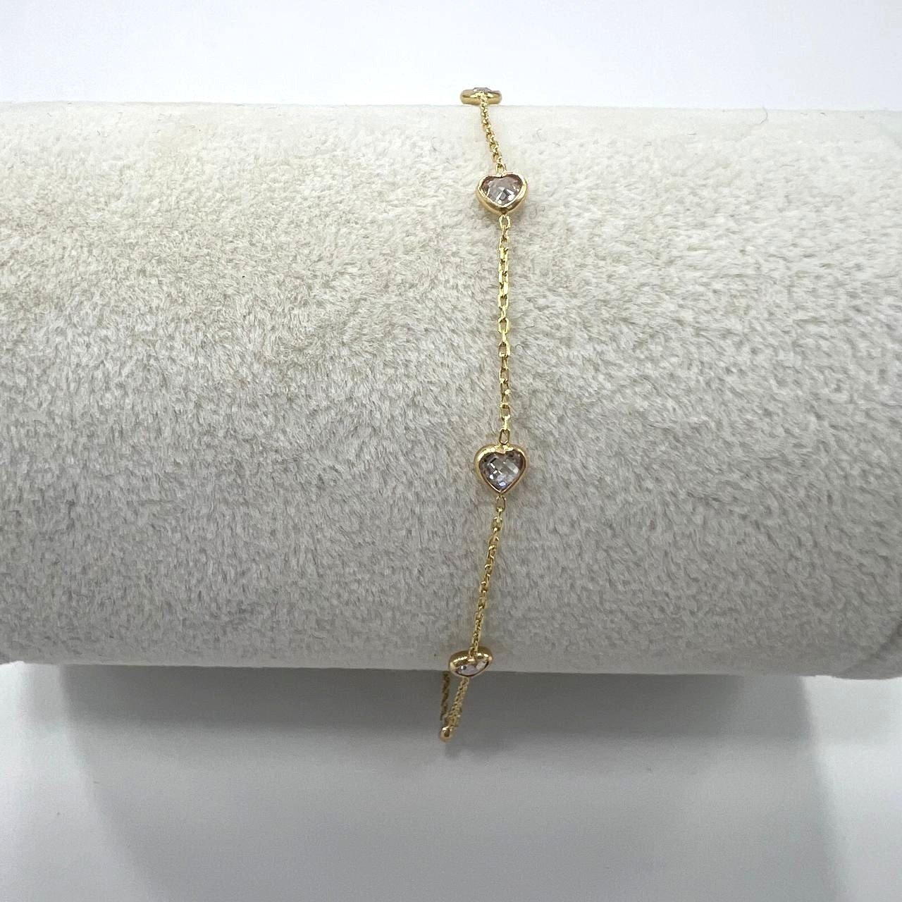 14K yellow gold bracelet with white heart-shaped stones, elegant design - Image 4