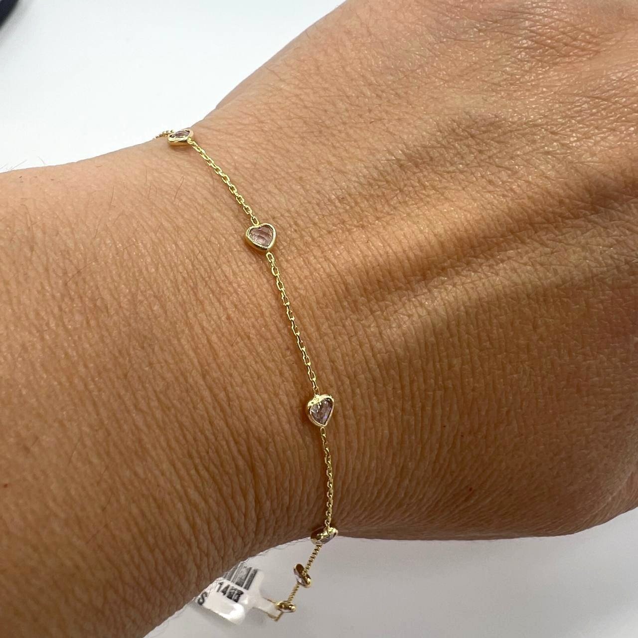 14K yellow gold bracelet with white heart-shaped stones, elegant design - Image 7