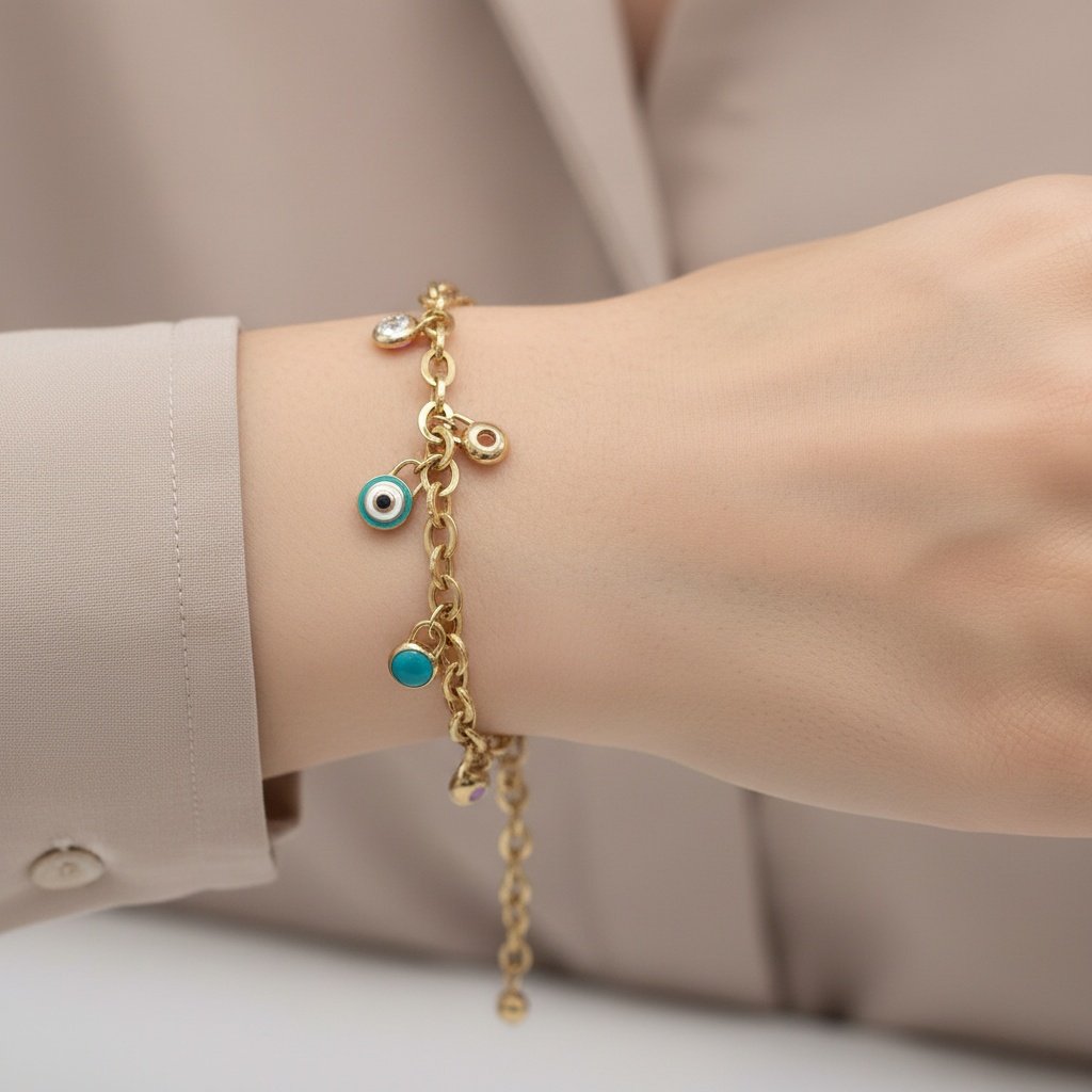 14K Yellow Gold Evil Eye Charm Bracelet Turquoise Zircon Chain Gift Women's Fine Jewelry - Image 3