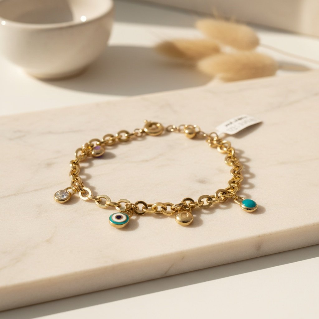 14K Yellow Gold Evil Eye Charm Bracelet Turquoise Zircon Chain Gift Women's Fine Jewelry - Image 4