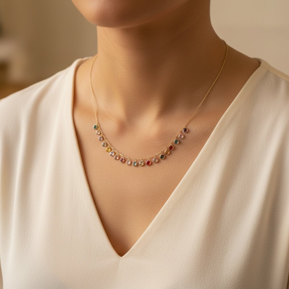 14K Yellow Gold Dainty Multicolor Zircon Charm Necklace Fine Gemstone Jewelry Gi