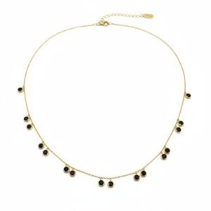 14K Yellow Gold Black Zircon Necklace Dainty Bezel Set Drop Chain Minimalist Gift
