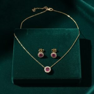 14K Yellow Gold Ruby Zircon Halo Necklace & Stud Earrings Set 42cm Fine Jewelry Gift