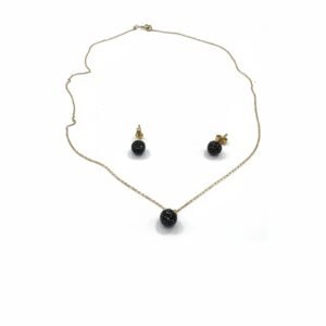 14K Yellow Gold Black Zircon Ball Necklace & Stud Earrings Set 42cm Dainty New