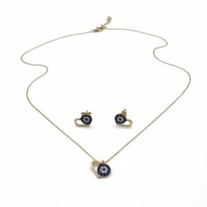 14K Yellow Gold Heart Evil Eye Necklace Earrings Set Blue Zircon Dainty 42cm
