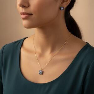 14K Gold Blue Stone White Zircon Square Necklace Stud Earrings Set