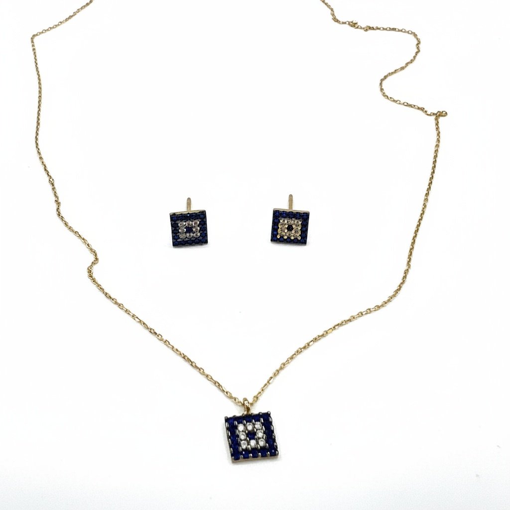 14K Gold Blue Stone White Zircon Square Necklace Stud Earrings Set - Image 2