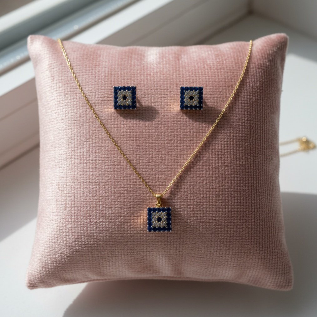 14K Gold Blue Stone White Zircon Square Necklace Stud Earrings Set - Image 3