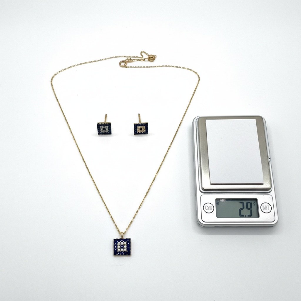 14K Gold Blue Stone White Zircon Square Necklace Stud Earrings Set - Image 4