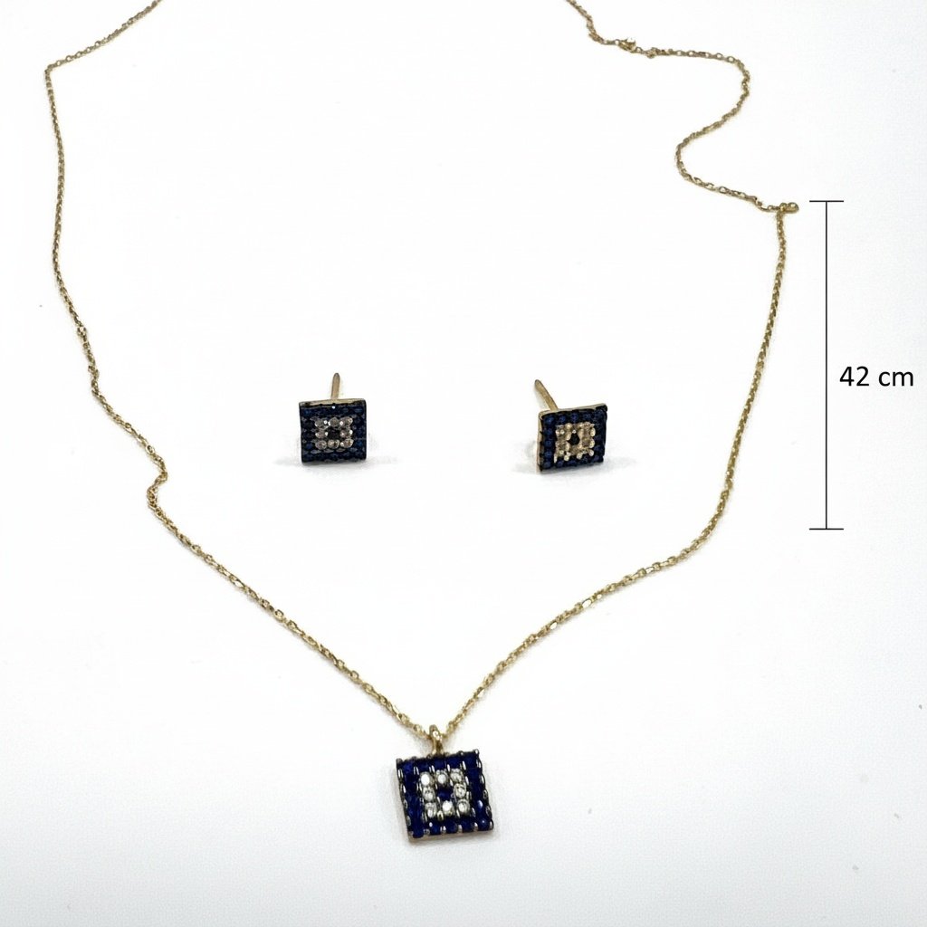 14K Gold Blue Stone White Zircon Square Necklace Stud Earrings Set - Image 5