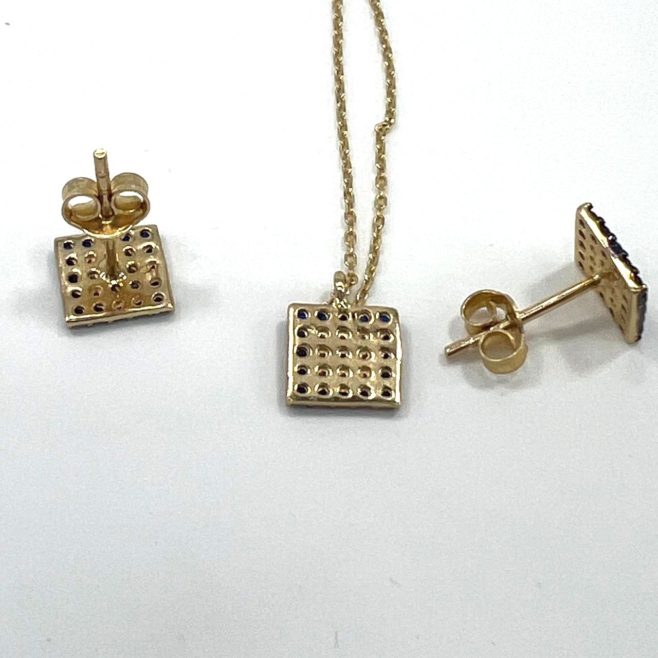 14K Gold Blue Stone White Zircon Square Necklace Stud Earrings Set - Image 6