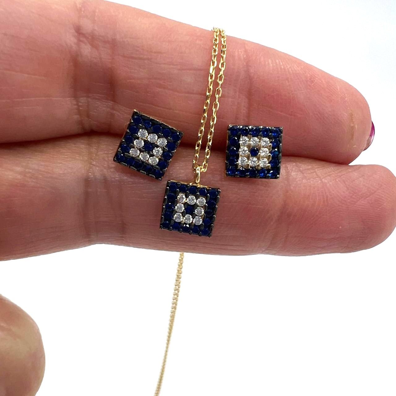 14K Gold Blue Stone White Zircon Square Necklace Stud Earrings Set - Image 7